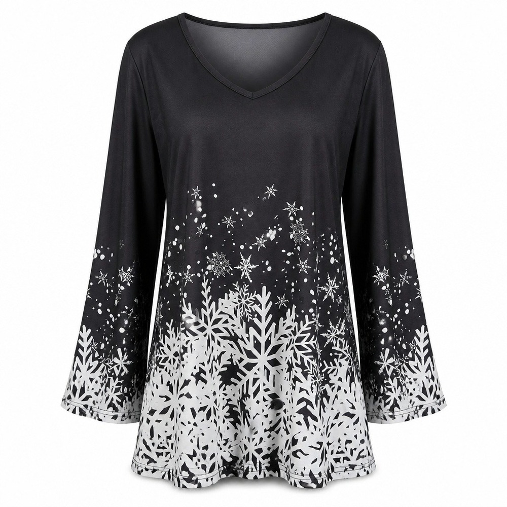 Womens 4XL Snowflake Print V-Neck Bell Sleeve Tunic Top Black White Plus Size
